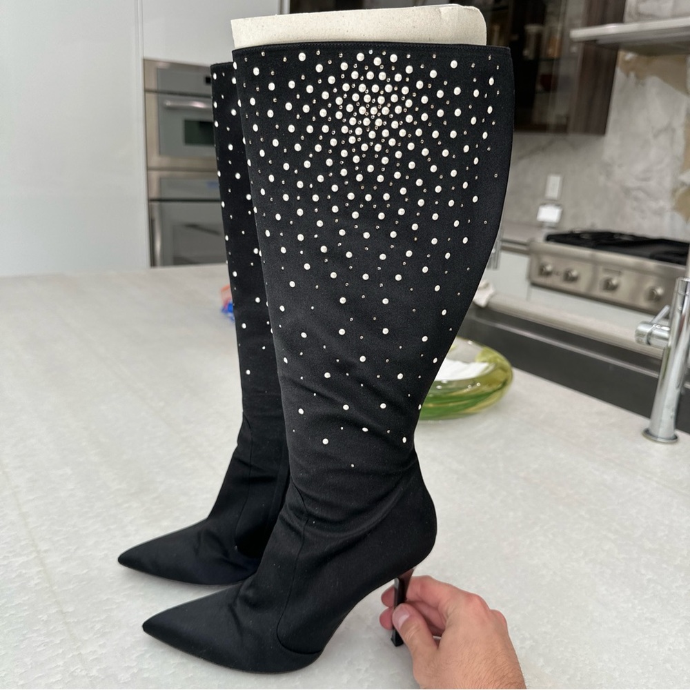 39.5 Renee Caovilla Knee Length Satin Pearl Cystal Stiletto Evening Boots
